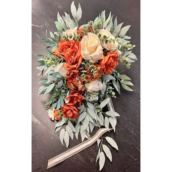 Large Silk Wedding Bouquet Orange Ivory Roses Cascade Bridal Flowers 23" x 18" - Picture 3 of 8